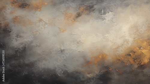 abstract canvas with impasto technique, layering shades of slate and cream, offset by a dark abyss and a flicker of golden light © paisorn