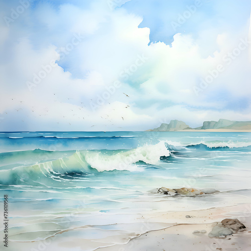 Beautiful seascape with sea waves and sky. Digital watercolor painting. © Wazir Design