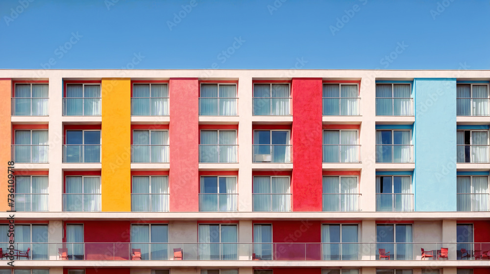 Modern Hotel Building Facade with a Colorful Design, Showcasing Bright Yellow and Red Against a Blue Sky
