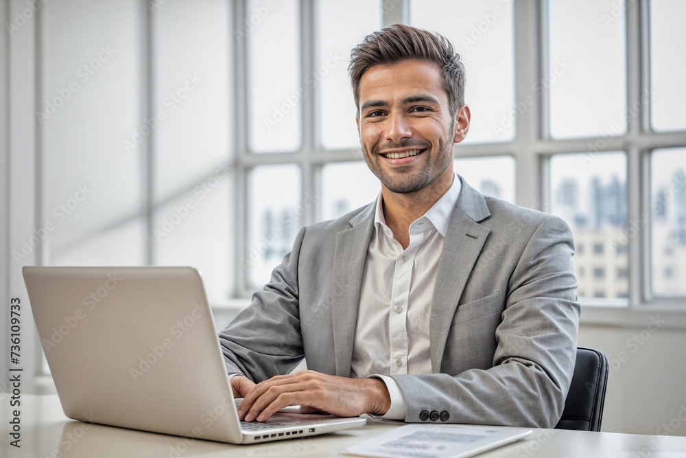 A Confident and Smiling Businessman Working in a Bright, Modern Office Environment, Radiating Professionalism and Success A Confident and Smiling Businessman Working in a Bright, Modern Office Environment, Radiating Professionalism and Success