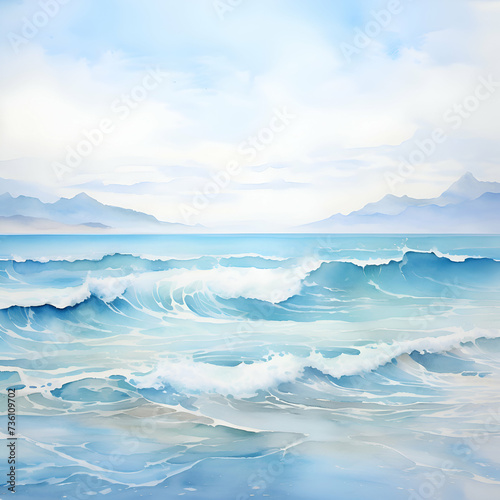 Beautiful seascape with blue ocean and mountains. illustration.