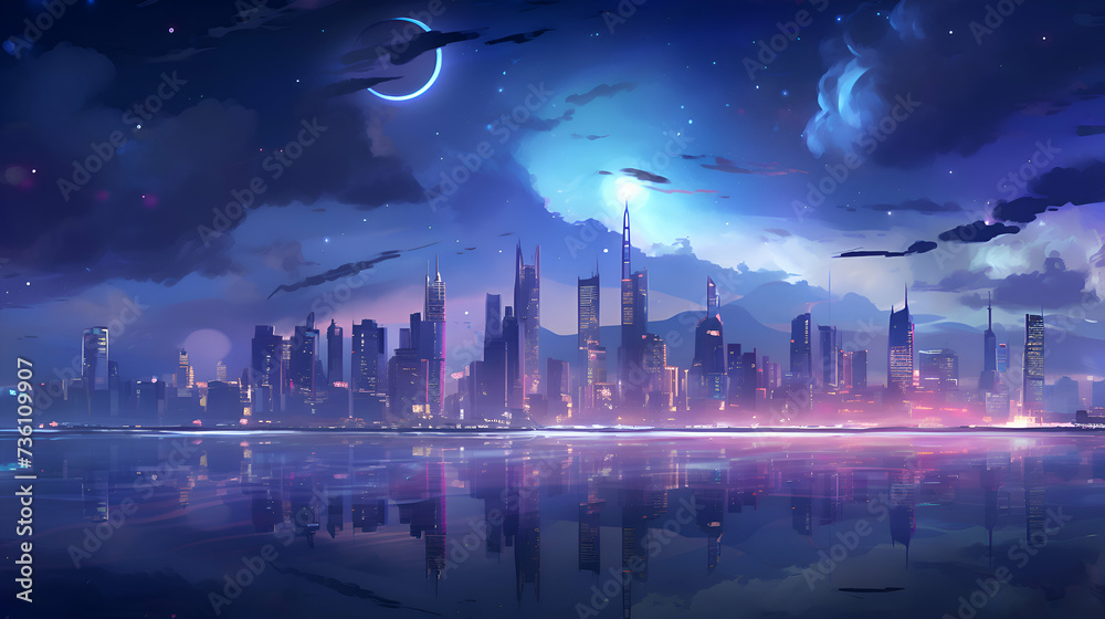 Night city landscape with skyscrapers and river.  illustration.