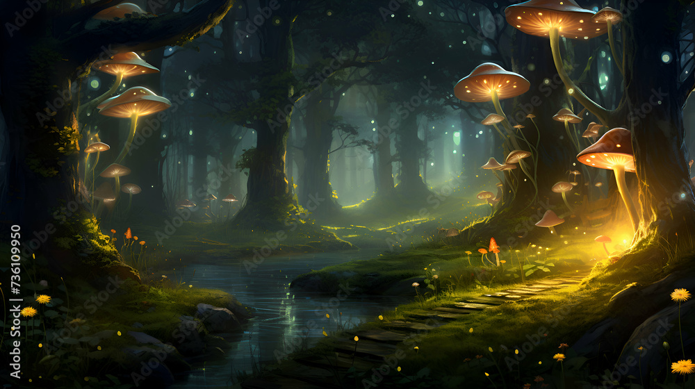Fantasy landscape with magic forest and mushrooms. 3D illustration.