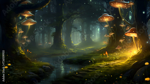 Fantasy landscape with magic forest and mushrooms. 3D illustration.