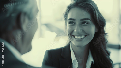 Smiling Woman Talking to Man in Suit