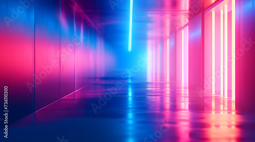 Long Hallway Illuminated by Neon Lights