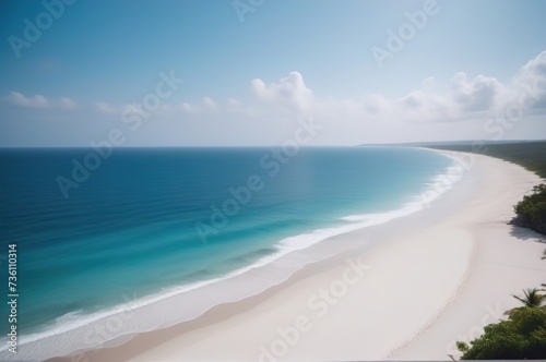 Long coastline of an uninhabited island, view from above. Turquoise sea, snow-white deserted beach on the island.