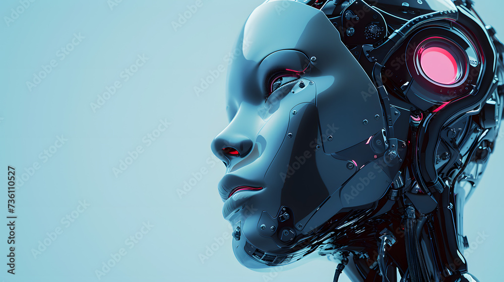 Robotic Head With Red Eyes on Blue Background