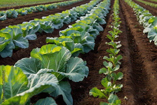 Lush cabbage plantations in field. Rows of vegetables in agricultural landscape. Focus on crops. 

