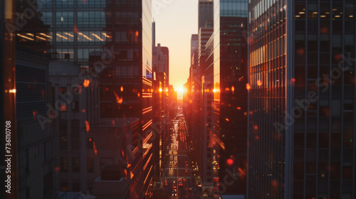 Sun Setting Over Tall City Buildings