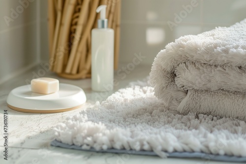 body wash on pedestal, plush bath mat in soft focus
