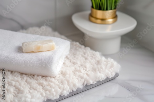 body wash on pedestal, plush bath mat in soft focus