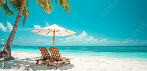 Beautiful tropical beach with clear water, chair and umbrella. Summer holiday and travel concept