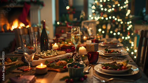 Christmas Dinner Table With Lit Christmas Tree