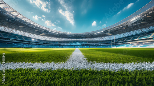 Empty Soccer Stadium With Grass and Blue Sky © Ilugram