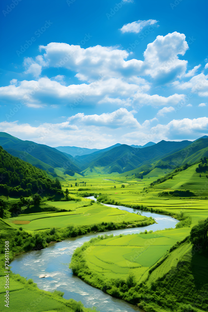 Spectacular Panorama of Verdant Hills Alongside a Serene River in Full Bloom Under a Blue Sky