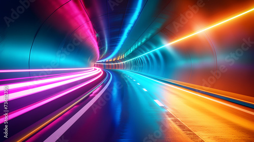 Vibrant Neon Lights Illuminate Long Tunnel