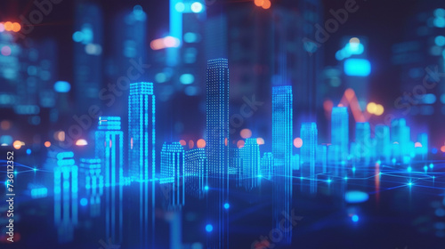 Futuristic Cityscape Illuminated in Blue and Purple Lights
