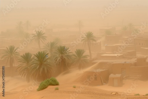 desert village with palm trees buffeted by sandstorm winds