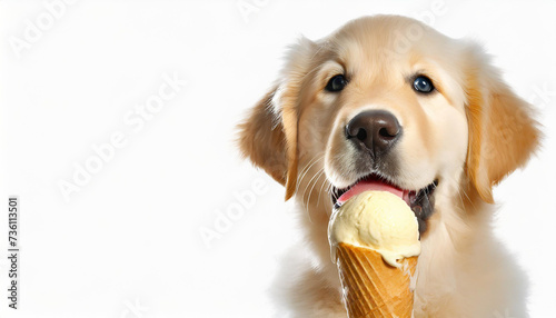 Generative Ai cute golden retriever is licking ice cream on white background with copy-space