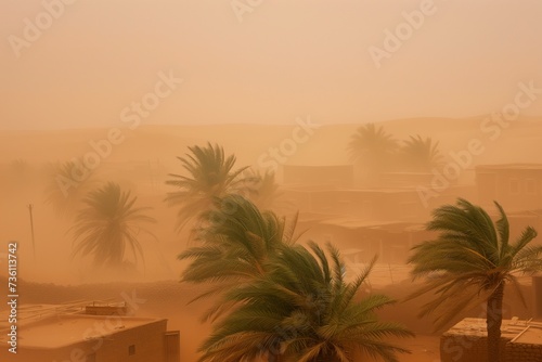 desert village with palm trees buffeted by sandstorm winds