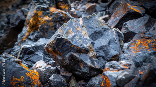 Pile of Black Rocks Covered in Orange Lichen
