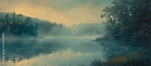 Peaceful landscape painting of a serene river flowing through lush trees