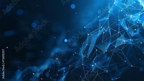 Abstract network structure, connected dots, network connections, blue and white colored lines, and dots form a 3D Polygon, suitable for information and technology-themed backgrounds. AI Generated.