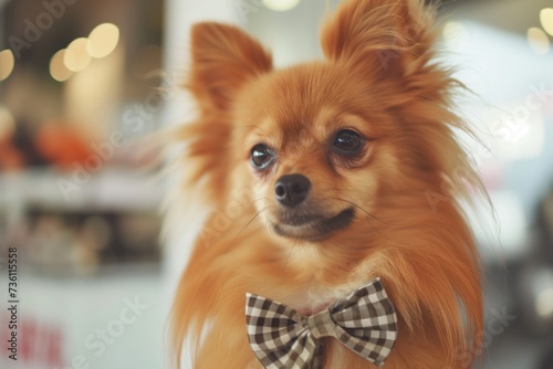 japanese spitz with a bow in a dog salon