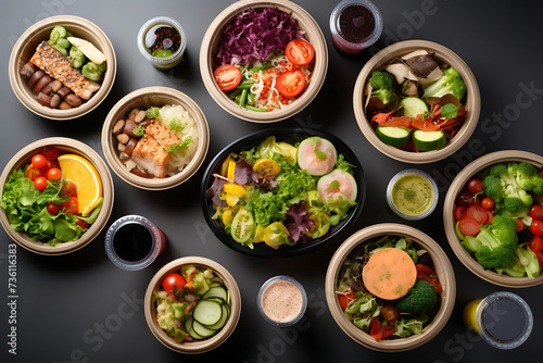 Healthy food in plastic containers on a black background, top view