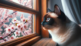 春の桜が咲く外を窓から眺めるペットの猫