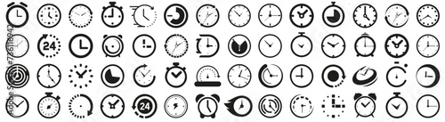 Time and clock icons. Set of black clock, stopwatch, timer, watch icon. Black clock icon collection