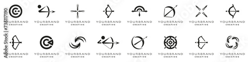 Target, arrow, archer logotype for company and brand. Set of black target logo. Simple arrow right on target logo. Archer art style logo collection