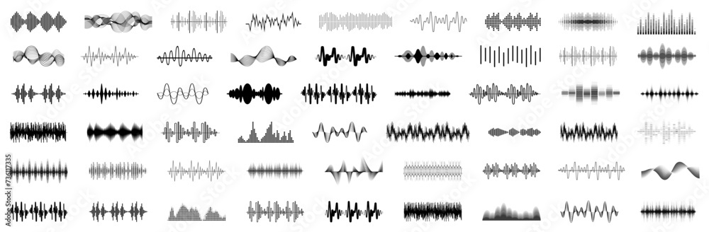 Equalizer music waves collection. Set of black music wave. Black music line wave beat collection. Frequency audio waveform, music wave - obrazy, fototapety, plakaty 