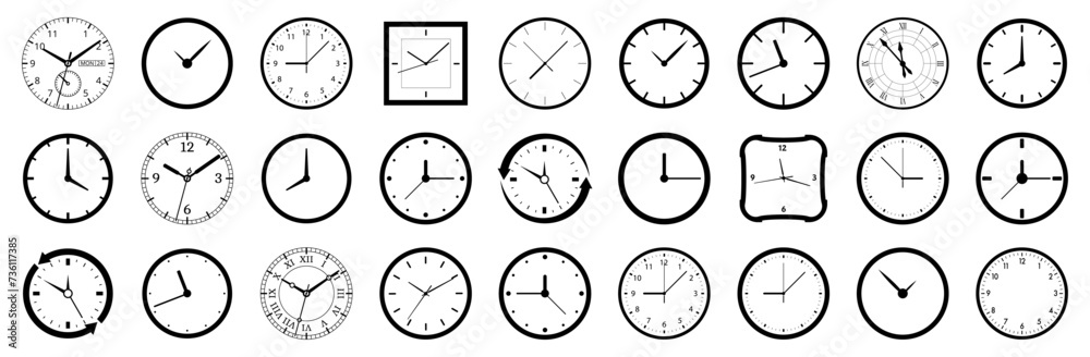 Clock icon collection. Set of different time clock icon. Clock watch icon. Clock face blank isolated on white background. Clock icon collection. Set of different time clock icon. Clock watch icon. Clock face blank isolated on white background.