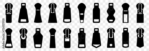 Clothing zipper pull icon collection. Set of puller icons. Pull zipper template collection. Clothing zipper pullers
