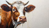 Oil painting of a cow head on pure white background canvas, copyspace on a side