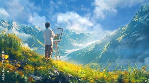 Person painting mountains. Seamless looping time-lapse 4k video animation background photo
