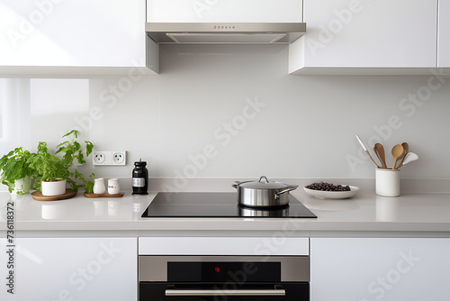 Modern white kitchen interior with white walls, white countertops and a cooker.