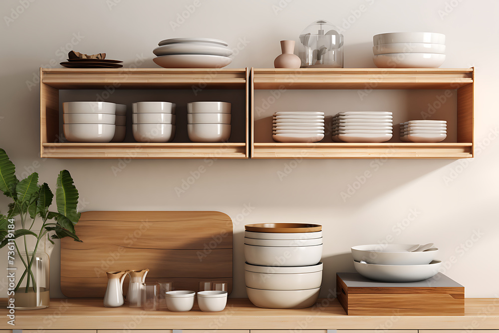 Set of eco friendly kitchen utensils on shelf against white wall Set of eco friendly kitchen utensils on shelf against white wall