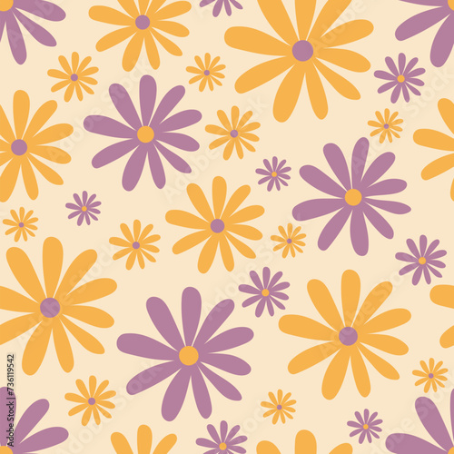 Floral retro seamless pattern. Hand drawn flowers 60s 70s style background.