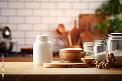 Composition with different cooking utensils on wooden table in kitchen