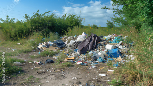 Illegal dumping of rubbish in natural environment. Fly tipping, bad waste management, illegal landfill, environmental issues, forest garbage dump ecology concept, pollution protection photo