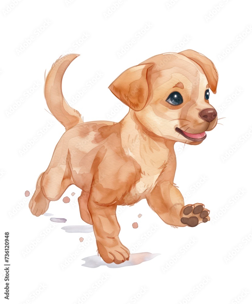 Watercolor illustration of a cute running golden labrador puppy on white background.