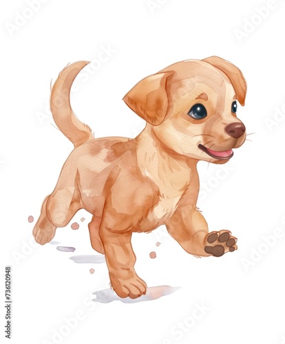 Watercolor illustration of a cute running golden labrador puppy on white background.
