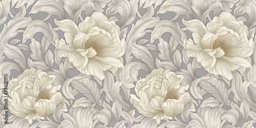 Fototapeta Naklejka Na Ścianę i Meble -  Luxurious baroque and victorian seamless pattern. White peonies, roses. Wedding print. Floral pattern for wallpaper or fabric. 