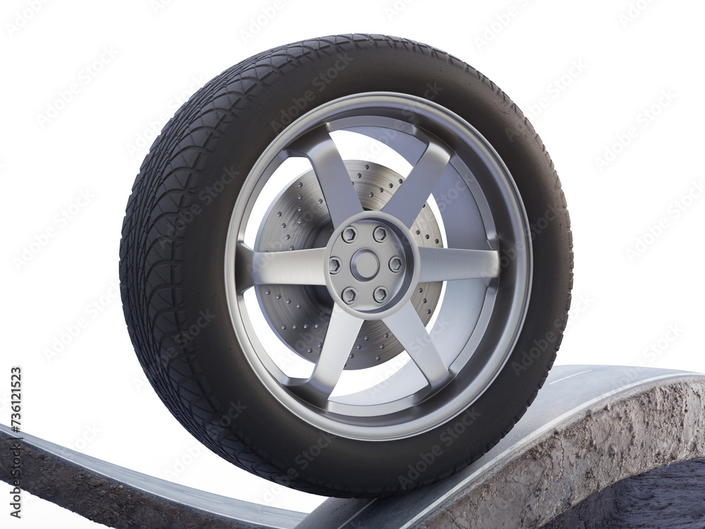 3D rendering of tire and road in adventure route concept. Car wheel on earth land with asphalt driveway.