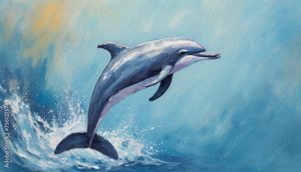 Oil painting of a Dolphins on pure blue background canvas, copyspace on a side - obrazy, fototapety, plakaty 
