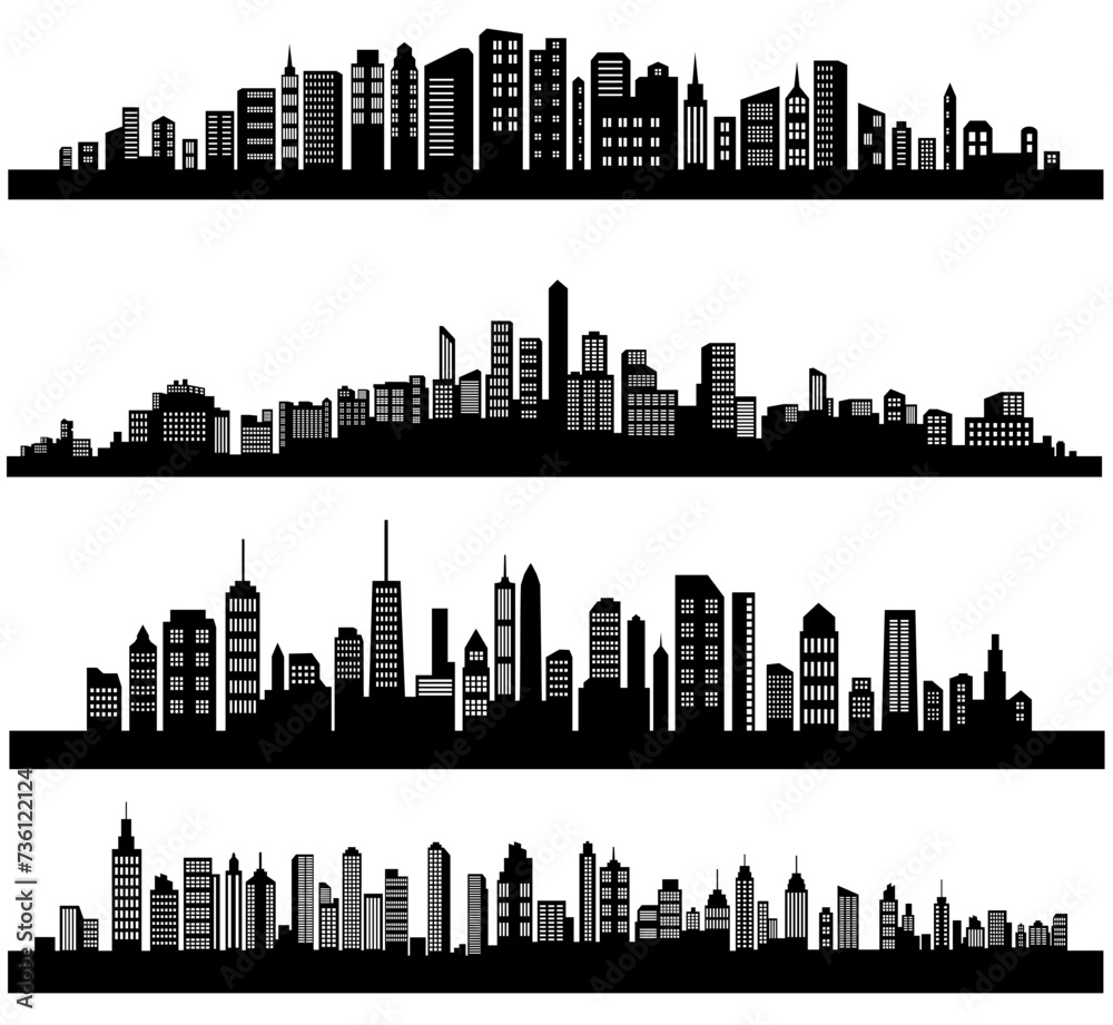 City silhouette vector set. Panorama city background. Skyline urban border collection.