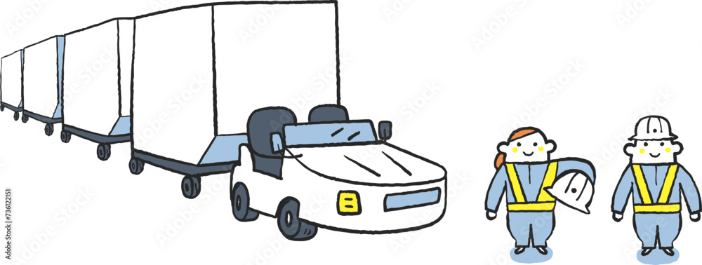 Naklejka premium 航空貨物の現場で働く人々 トーイングトラクター セット イラスト素材 